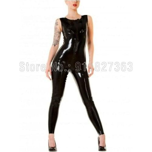 100% Latex Catsuit Sleeveless Latex Power Round Neck Catsuit with Front Crotch Zipper Womens Tight Club Suit