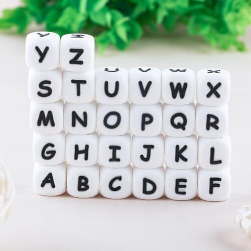 Kovict 100Pcs 12mm White English Alphabet Silicone Letter Beads Baby Care Teether DIY Pacifier Chain Necklace Gift BPA-Free