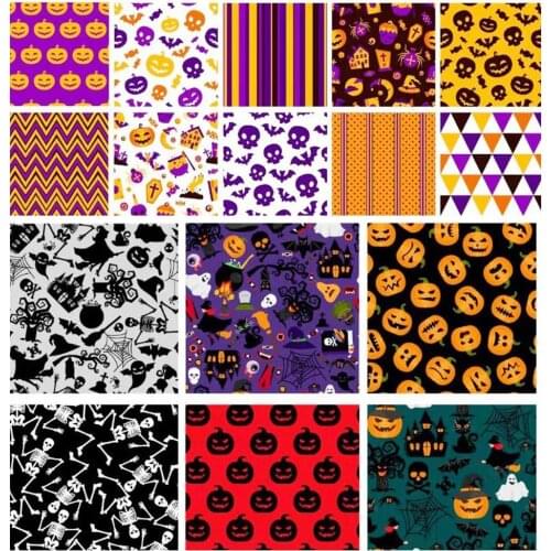 16pcs/set Halloween Theme Fabric Quilting Cloth Ghost Pumpkin Skull Printing Squares Patchwork Fabric For DIY Sewing Supplies