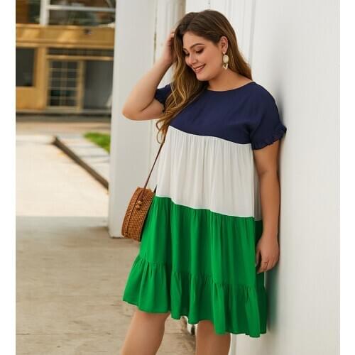 2020 summer fashion women o-neck cotton causal short sleeve plus size knee-length dress XL-4XL