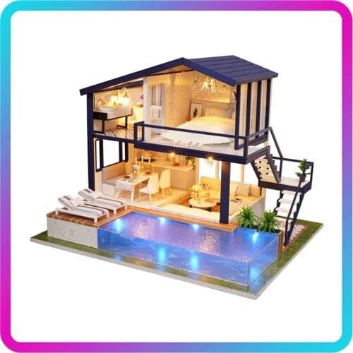 DIY 3D Wooden Dollhouse Mini House Furniture Apartment Doll Penthouse Furniture Swimming Pool Girl kids Gift Educational Toys