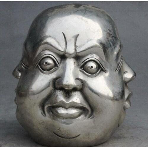 4.4" China White Copper Silver Four faces Emotions Monk Buddha Statue