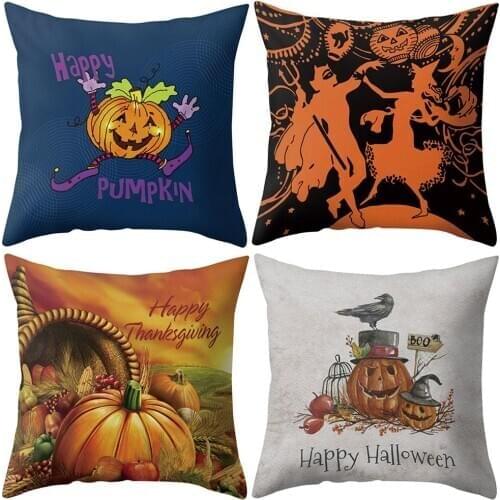 45cm Retro Style Pumpkin Ghost Print Home Sofa Pillow Case Cushion Cover Halloween Thanksgiving Festival Party Decor