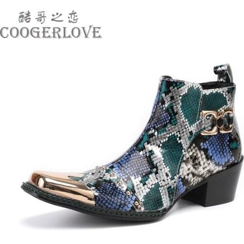 Spring Man Metal Fangtou Belt High-heeled Short boots Western Cowboy Boots Cowhide Serpentine Printing Stage show Party boots