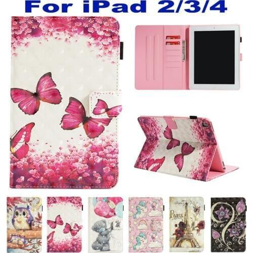 Stand Wallet Card Slot Case For Apple iPad 2/3/4 Case Cover Funda Tablet Fashion Owl Skull Pattern Shell Auto Wake Up/Sleep