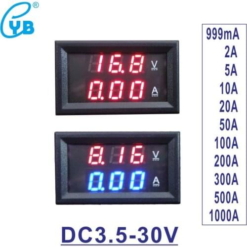 DC3.5-30V Voltmeter Ammeter Black Cover DC999mA 2A 5A 10A 20A 50A 100A 200A 300A 500A 1000A Wide Range Voltage Current Meter