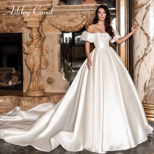 Ashley Carol A-Line Wedding Dress 2021 Puff Sleeve Bride Dresses Graceful Strapless Simple Satin Bridal Gowns Vestido De Novia