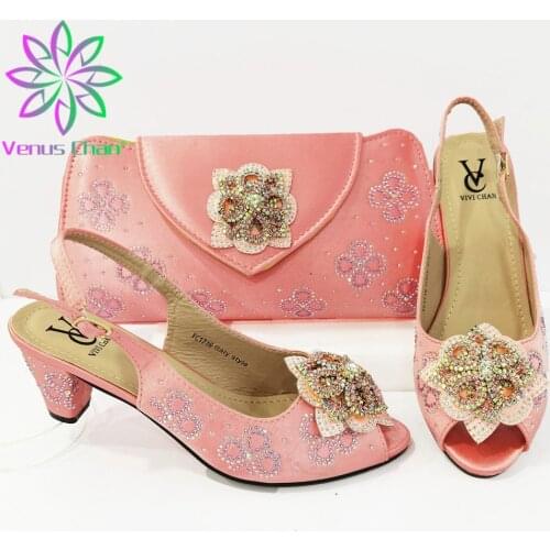 Italian Design 2021 African Fashion Fullness of Crystal Metal Style Pink Color Party Wedding Women Shoes and Bag Set