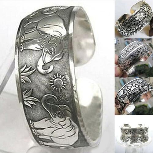 Vintage Tibetan Silver Elephant Carved Open Bangle Cuff Wide Bracelet Jewelry