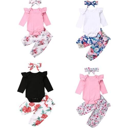 0-24M Newborn Baby Girl Infant Flower 3pcs Clothes Sets Long Sleeve Romper Tops Floral Pants Headband Outfits