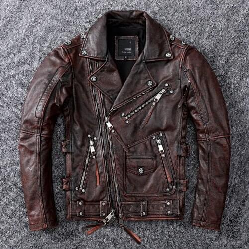 2021 Vintage Brown Motorcycle Leather Jacket Men Natural Genuine Cowhide Jackets Autumn Slim Fit Bikers Ooblique Zipper Coat