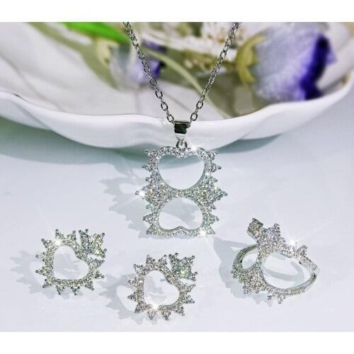 Original New Silver Inlaid Zircon Sun Flower Necklace Earrings Adjustable Ring Exquisite Charm Luxury Ladies Jewelry Set