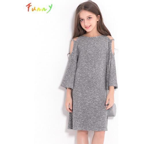 Teenage Girls Dress 10 to 12 years Gray Off Shoulder A Line Princess Party Girl Kids Dress Spring Autumn Children Clothing