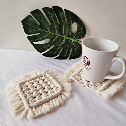 Boho Placemat Cup Holder Handmade Cotton Braided Macrame Mat Coffee Mugs Tea Cups Base Drink Coasters mantel individual Dining Table Decoration Navidad Kitchen Accessories Wedding Christmas Decorations for Home