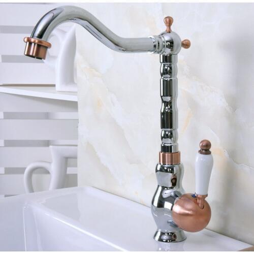 Polished Chrome Antique Red Copper Brass Single Handle One Hole Bathroom Basin Kitchen Sink Swivel Spout Faucet Mixer Tap mnf910