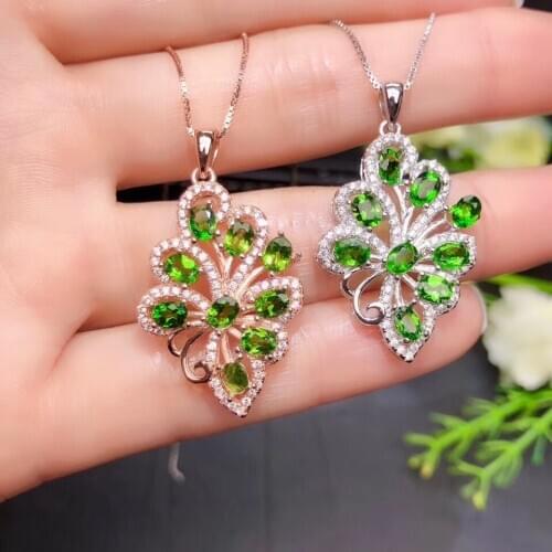 Clear green diopside gemstone pendant for necklace with silver