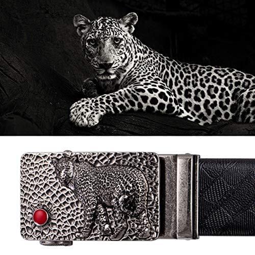Animal Belt for Men Real Cowhide Leather Belt Automatic Slide Ratchet Buckle Durable Waist Strap Leopard Alloy Buckle for Pants