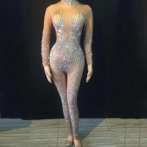 Silver Rhinestones Nude Stretch Jumpsuit Sexy Performance Bodysuit Female Singer Rompers Stage Wear Birthday Dance Wear DJ1027