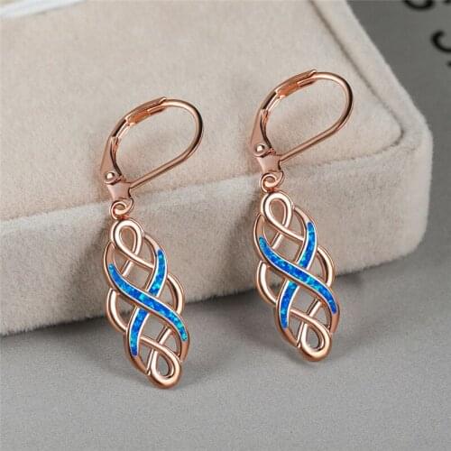 Cute Hollow Geometry Wedding Earrings Dainty Female Blue White Opal Drop Earrings Rose Gold Silver Color Hoop Earrings For Women