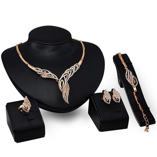 Wedding Bridal Party Wavy Rhinestone Jewelry Set Choker Necklace Bracelet Ring Earrings Set Women Stainless Steel Jewelry