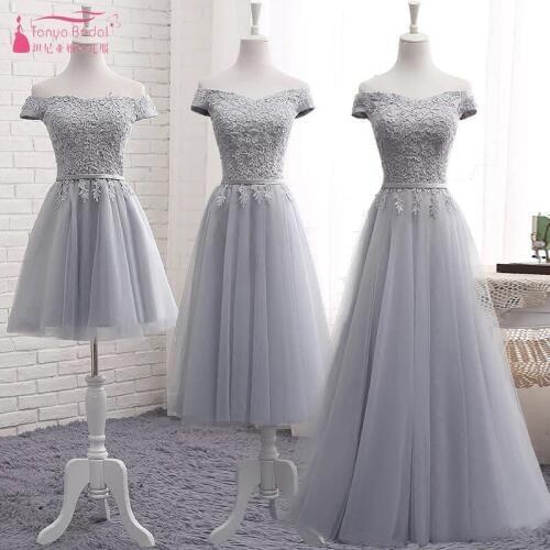 A Line Lace Bridesmaids Gowns Off The Shoulder V Neck Short Sleeves Sky Blue Bridesmaid Dresses Grey Vestido de fiesta DQG147