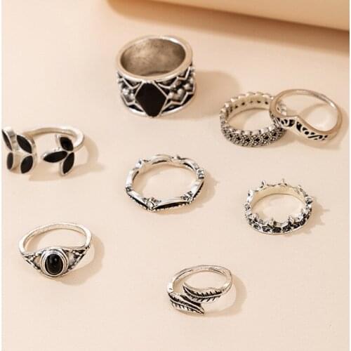 Punk Vintage Ring Set Leaf Shape Knuckle Midi Finger Rings Bohemia Hollow Silver Color Ring Jewelry For Female Daily Wear
