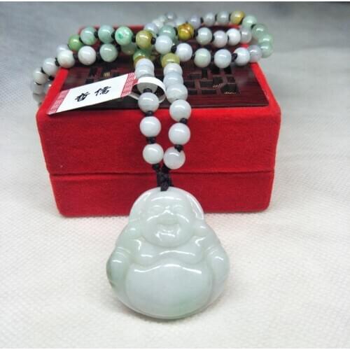 Zheru Jewelry Pure Natural Jadeite Light Green Double Color Buddha Pendant Tricolor Jadeite Bead Necklace A Class A Certificate
