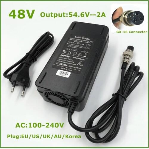 48V Li-ion Battery Charger Output 54.6V 2A for 48V Electric Bike Lithium Battery Pack 3 Pin Female Connector GX16 XLRF Socket
