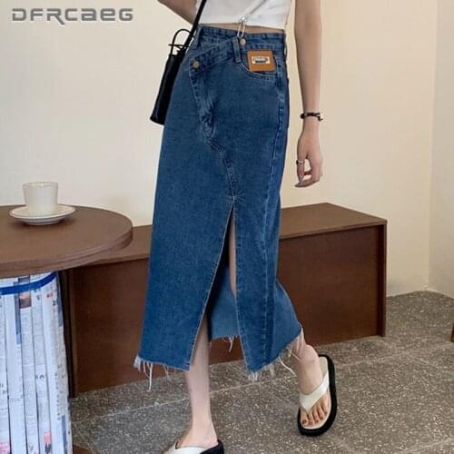 Deep Blue Irregular Vintage Women‘s Denim Long Skirts Summer 2021 High Waist Slim Sexy Split Straight Skirt Jeans Feamle