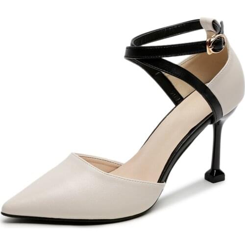 Spring And Autumn New Pointed Stiletto Heels Small Size 32 Word Buckle Color Womens Single Shoes Large Size 41 Black Sandals Wo