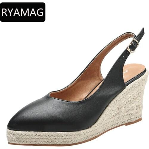 RYAMAG High Heel Wedge Shoes 2021 Newest Breathable Women Sandals Female Pointed Toe Slippers High-heeled Espadrilles Straw