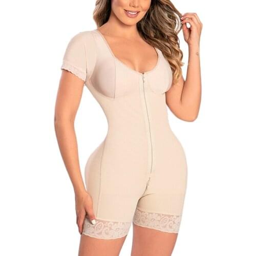 Short Sleeves Women Shapewear With Zipper Full BodyTummy Control Body Shaper Open Crotch Reductive Faja Waist Trainer