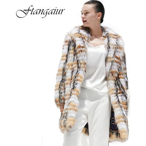Ftangaiur 2019 Winter Import Fox Fur Coat Plaid Contrast Color Female Weave Fox Coats Medium Warm Natural Fur Loss Fox Fur Coats
