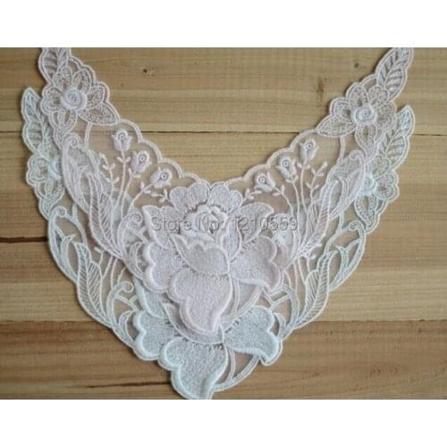 2 Pieces Pink White Neckline Embroidery Wedding Bridal Lace Applique Craft