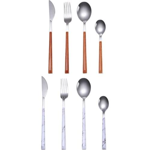 4pcs/set Stainless Steel Cutlery Dinnerware Marble Wood Grain Fork Spoon Knife Teaspoon Kitchen Tableware