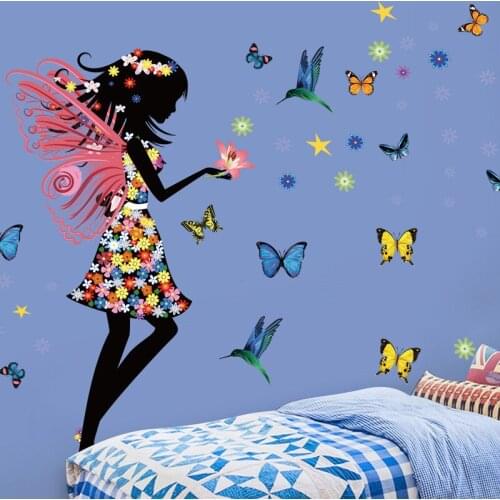 Butterflies Flower Fairy Wall Stickers for Girl Rooms Bedroom Decor Diy Wall Decals Mural Art Poster PVC Self-adhesive Wallpaper