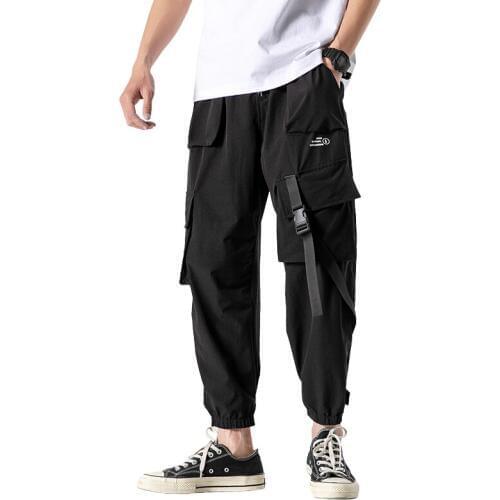 Men Ribbons Color Block Black Pocket Cargo Pants 2020 Harem Joggers Harajuku Sweatpant Hip Hop Trousers Men Elastic Waist Pants