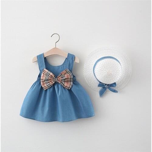 Toddler Baby Girls Dresses Childrens Suspender Sleeveless Floral Flower Print Bow Denim Skirt Kids Princess Dress + Hat Set