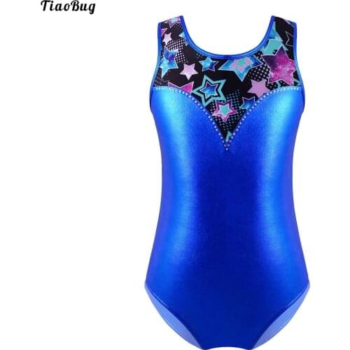 TiaoBug Kids Girls Round Neck Sleeveless Print Diamonds Adorned Patchwork Ballet Dance Gymnastics Leotard Jumpsuit Bodysuit