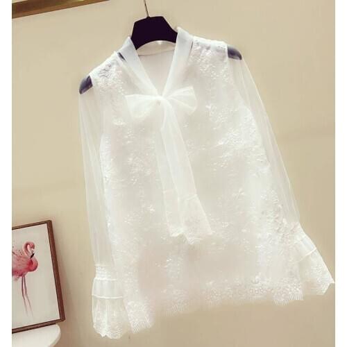 Lace Blouse Top White Shirt Women Long Sleeve Haut Femme Elegant Korean Fashion Clothing Puff Sleeve Ladies Casual