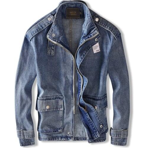 Spring Autumn New Mens Retro Blue Punk Denim Jacket Zipper Stand-Up Collar Biker Motorcycle Jacket Fashion Hip Hop Streetwear