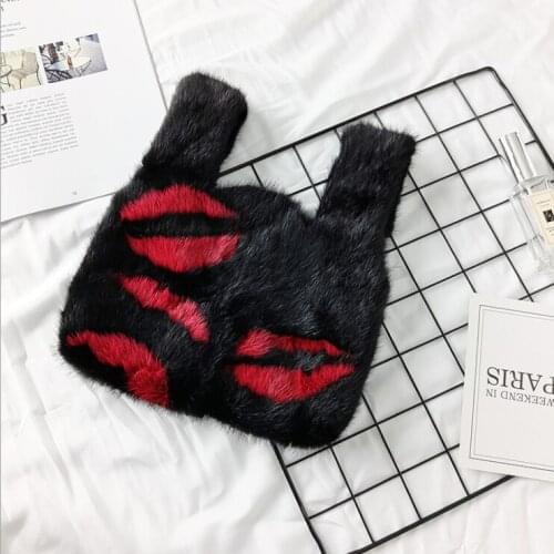 Fashion Real Fur Handbag For Women Mink Lovely Lips Pattern Soft Small Bags