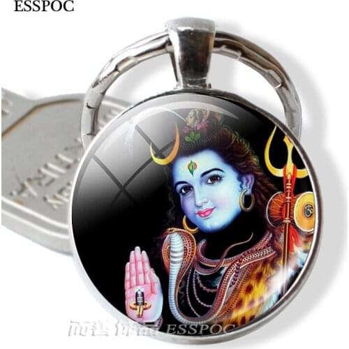 Fashion Accessories Lord Shiva Key Chain Ring Glass Dome Lord Jewelry Amulet Charm Pendant Silver Color Keychain Hinduism Gift