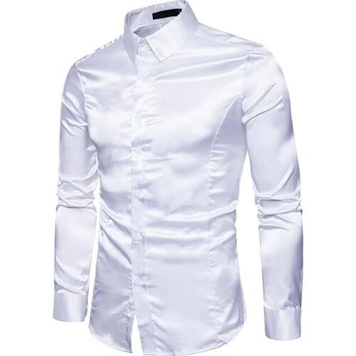 Fashion Mens Solid Colors Satin Personality Casual Slim Fit Long Sleeve Button Lapel Party Club Shirts Tops Camisa Masculina#35