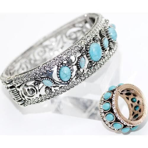 SUNSPICE MS Vintage Bangle Ring Sets Round Stone Old Gold Ring Antique Silver Color Cuff Bracelet Turkish Ethnic Wedding Jewelry