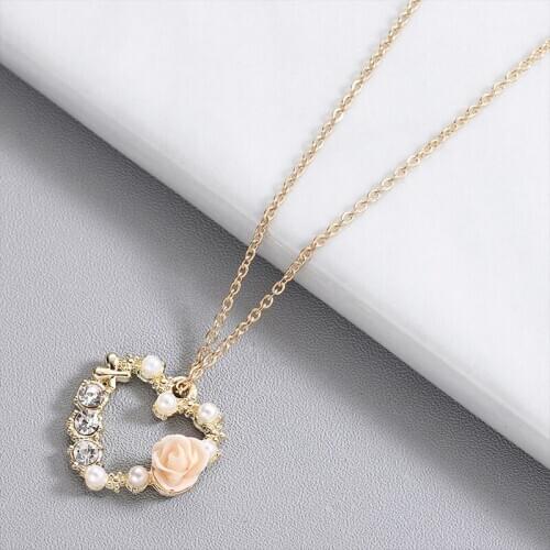 Exquisite Pearl Rose Heart-shaped Pendant Necklace Charming Womens Wedding Gold Color CZ Clavicle Chain Fashion Jewelry Gift