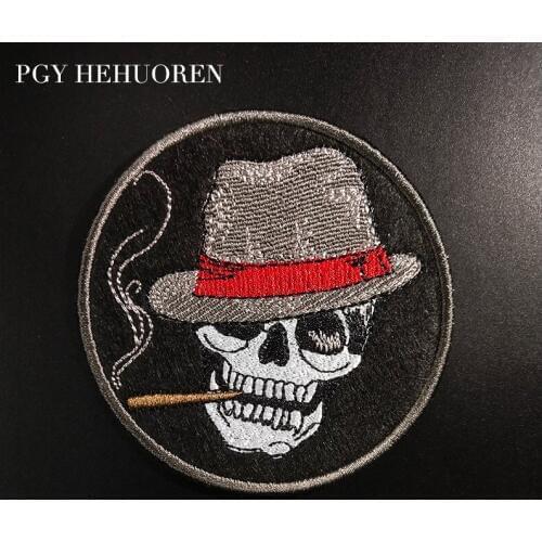 PGY Smoking Skull Embroidered Patches for Clothes Applique Iron on Clothes A-level Washable Punk Stickers Patches Decorations