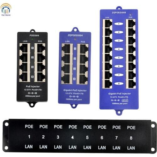 POE World IEEE802.3af/at standard Passive Active POE Injector ModeA/B gigabit data speed up to 8 RJ-45 Lan port POE port