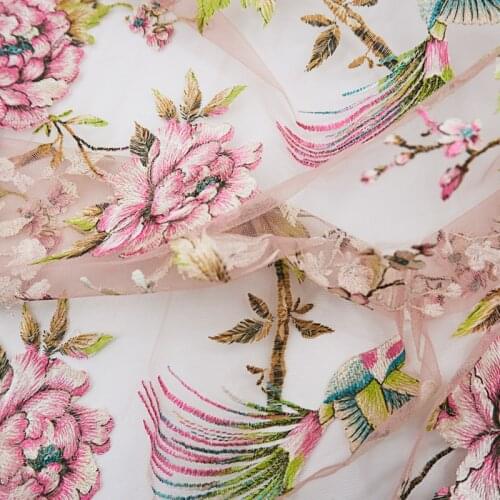 Pink bottom birds mesh embroidery lace fabric for dress bazin riche getzner tissu telas por metro african tissus tela stoffen