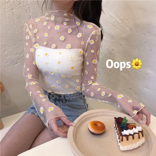 Korean Style Mesh Top Daisy Under Shirt Vintage New Harajuku Aesthetic Cute Lace Flower Tshirt Long Sleeve Mesh Tops